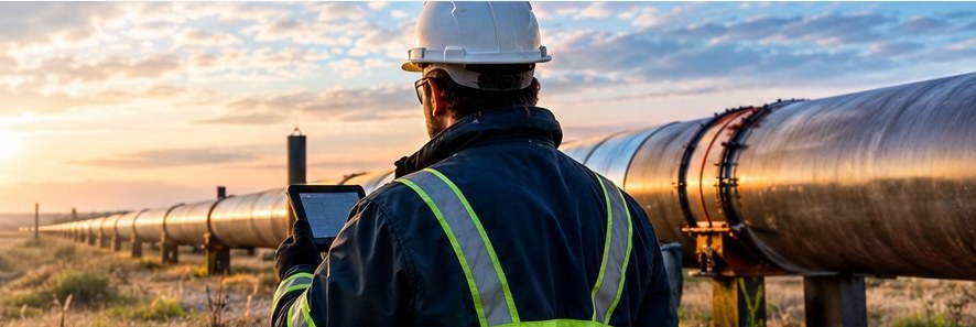 Corrosion technician with a field tablet looking down a pipeline at sunrise