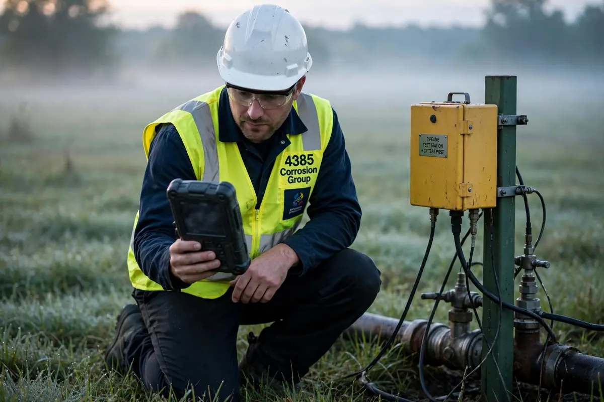 4385 Corrosion Group technician taking readings at a pipeline test station